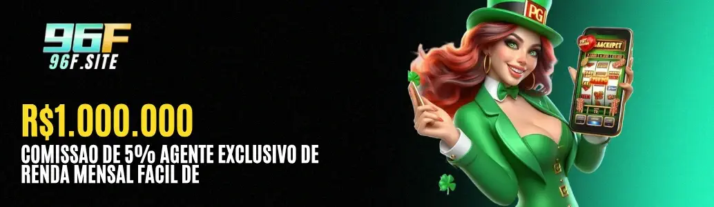 Banner promocional do 96F cassino destacando comissão de R$1.000.000 e renda mensal de 5%.