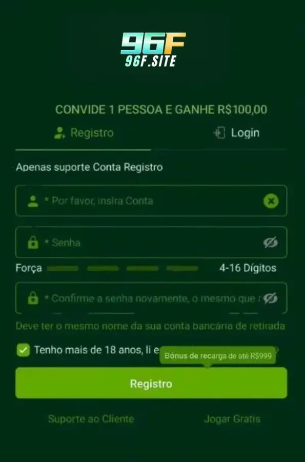 Registro fácil no 96F Cassino.